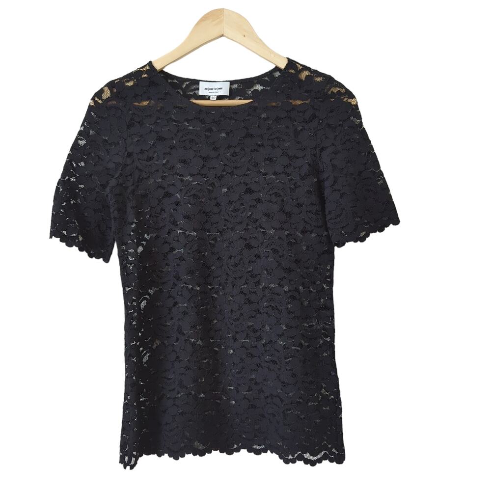 Au Jour Le Jour Women's Black Lace Sheer Shirt Size 40 Made in Italy Scallop Top